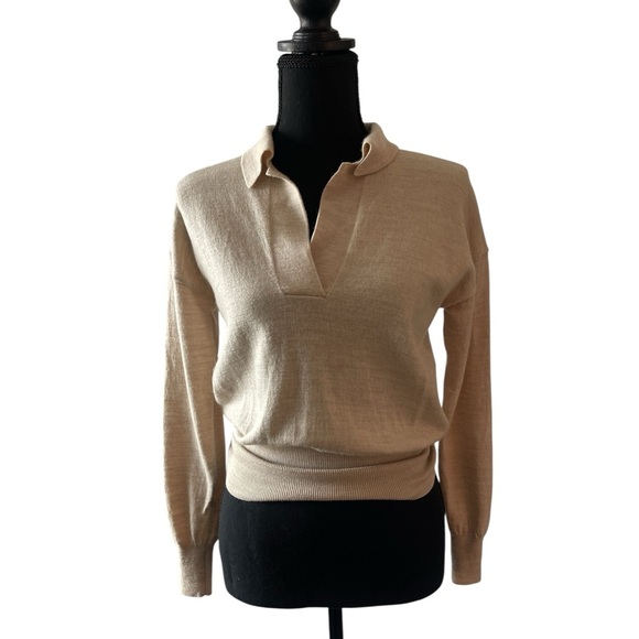 Madewell Merino Wool Polo Sweater XS Beige V Neck Long Sleeve Pullover - Picture 2 of 8